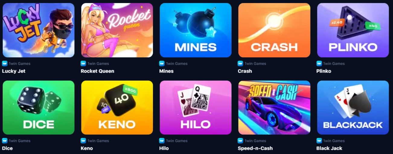 Подборка популярных 1win игр: Lucky Jet, Rocket Queen, Mines, Plinko, Keno, Blackjack