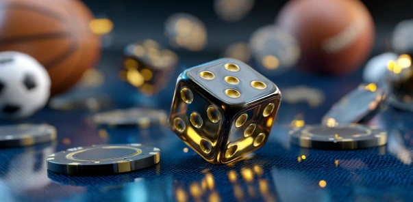 Гиперреалистичная игральная кость и фишки 1win на столе для азартных игр